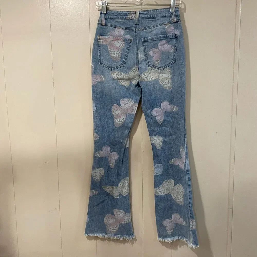 Tinseltown Women’s Size 3 Butterfly Print Flare Jeans Frayed Hem Y2K